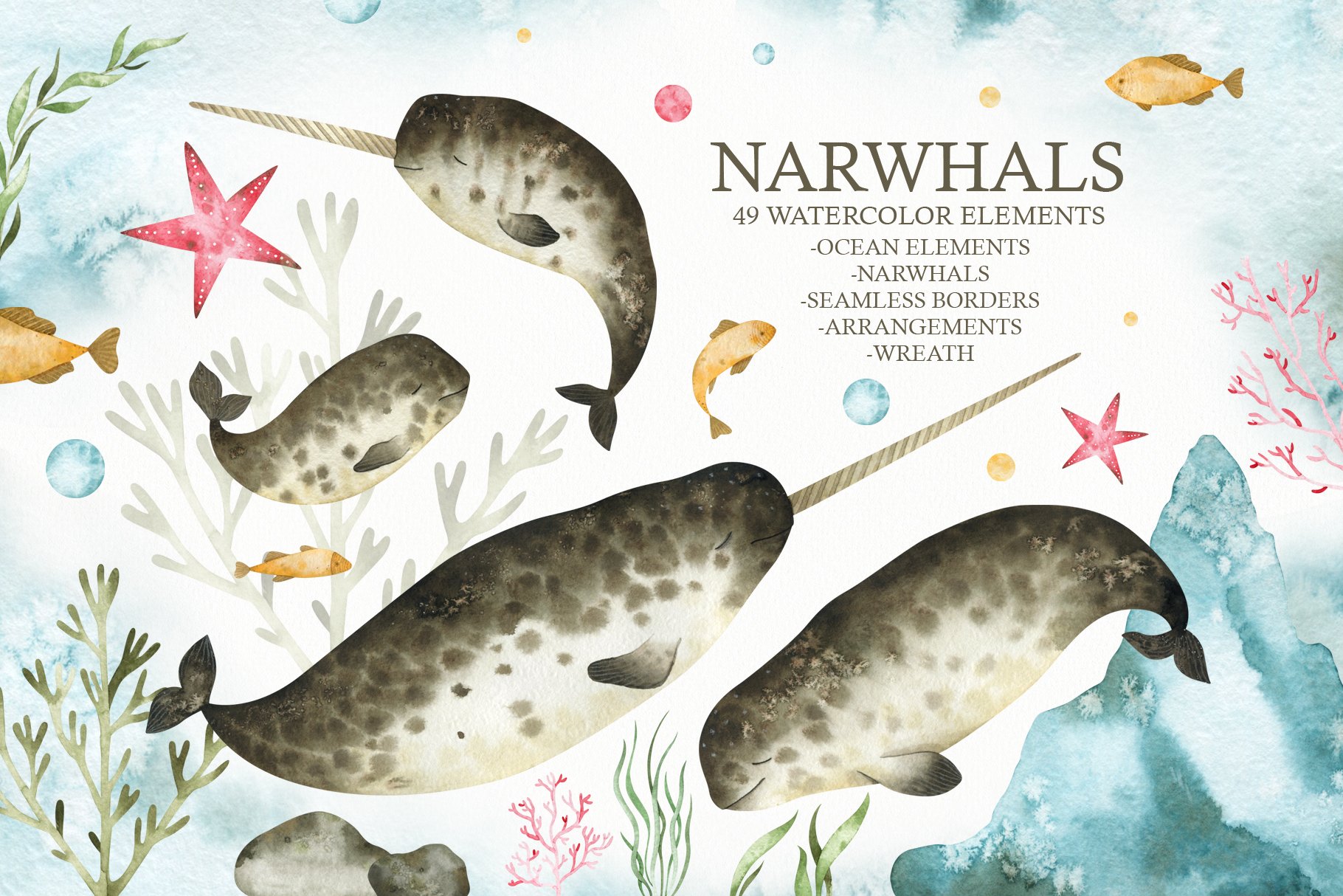 Watercolor Narwhals Clipart cover image.