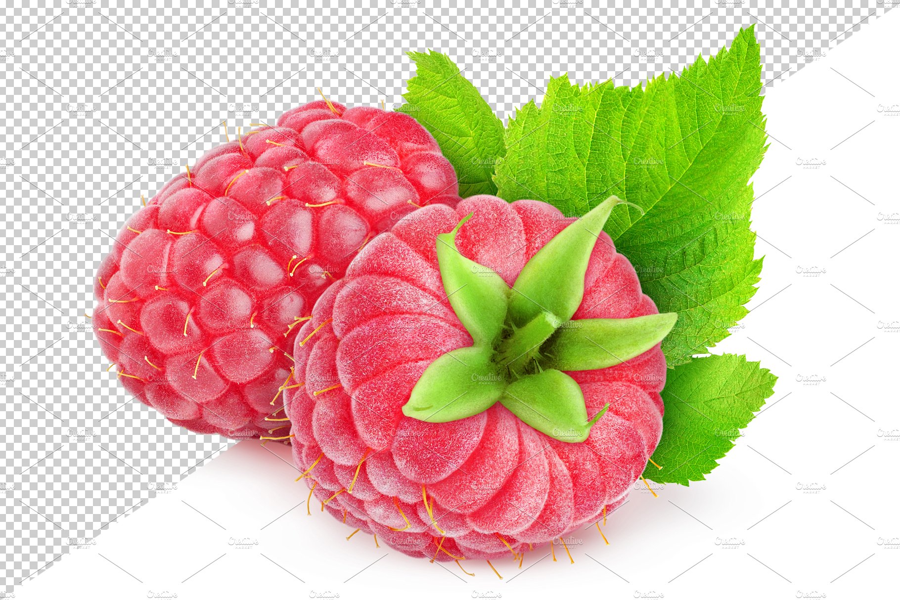 Two raspberries with leaf preview image.