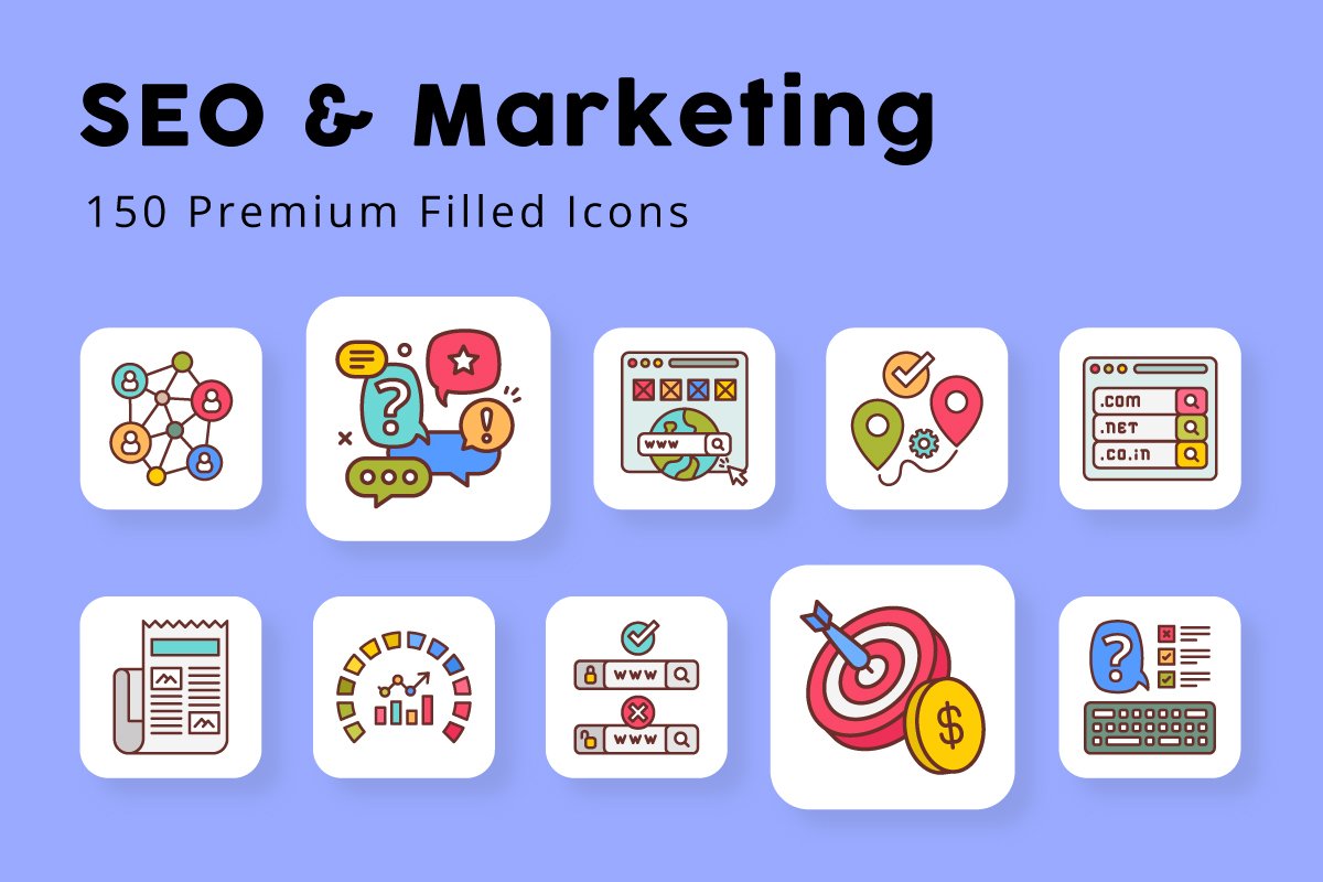SEO and Marketing Filled Icons cover image.