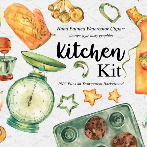 Watercolor kitchen utensils clipart cover image.