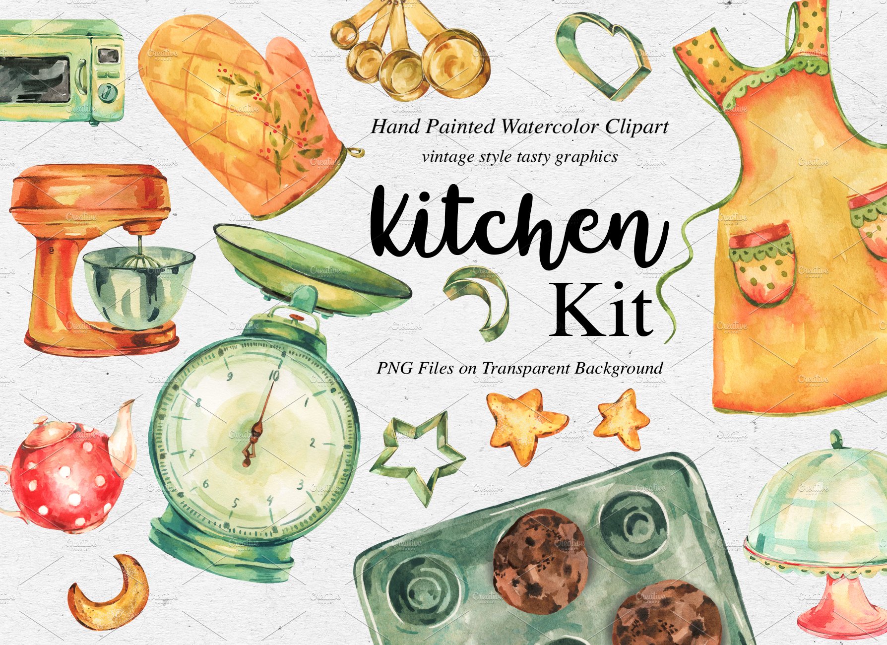 Watercolor kitchen utensils clipart cover image.