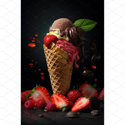 Ice cream in cone with chocolate cover image.