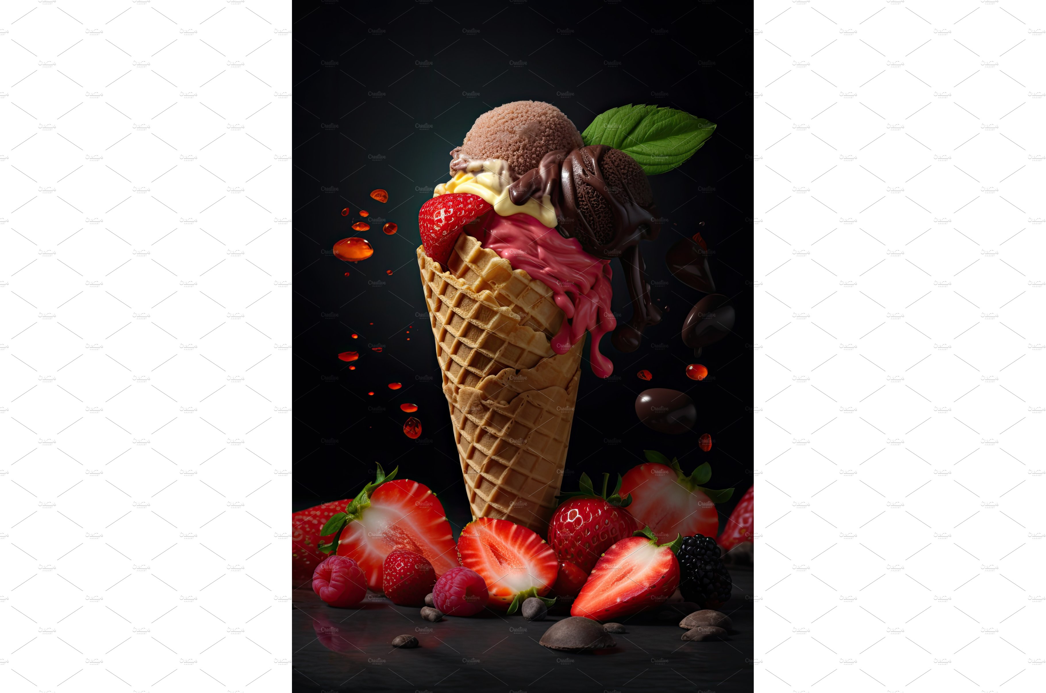 Ice cream in cone with chocolate cover image.