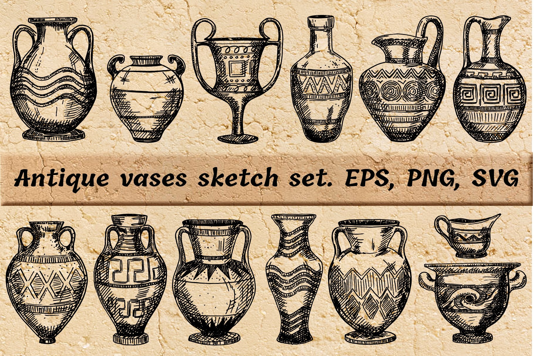 Antique Greek vases set. Sketch preview image.