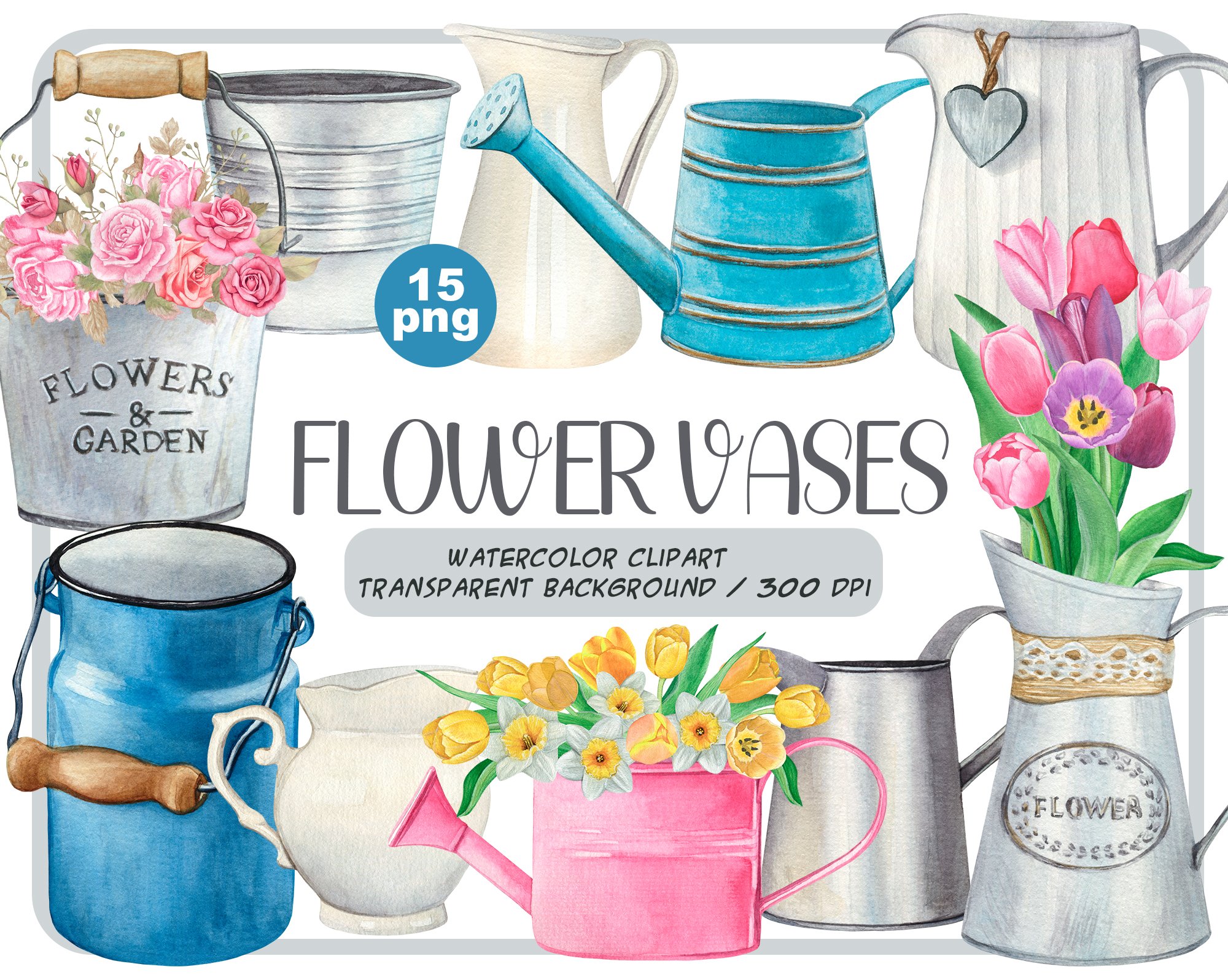 Watercolor flower vases clipart cover image.