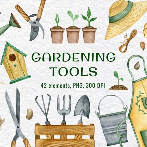 Vintage watercolor gardening tools cover image.