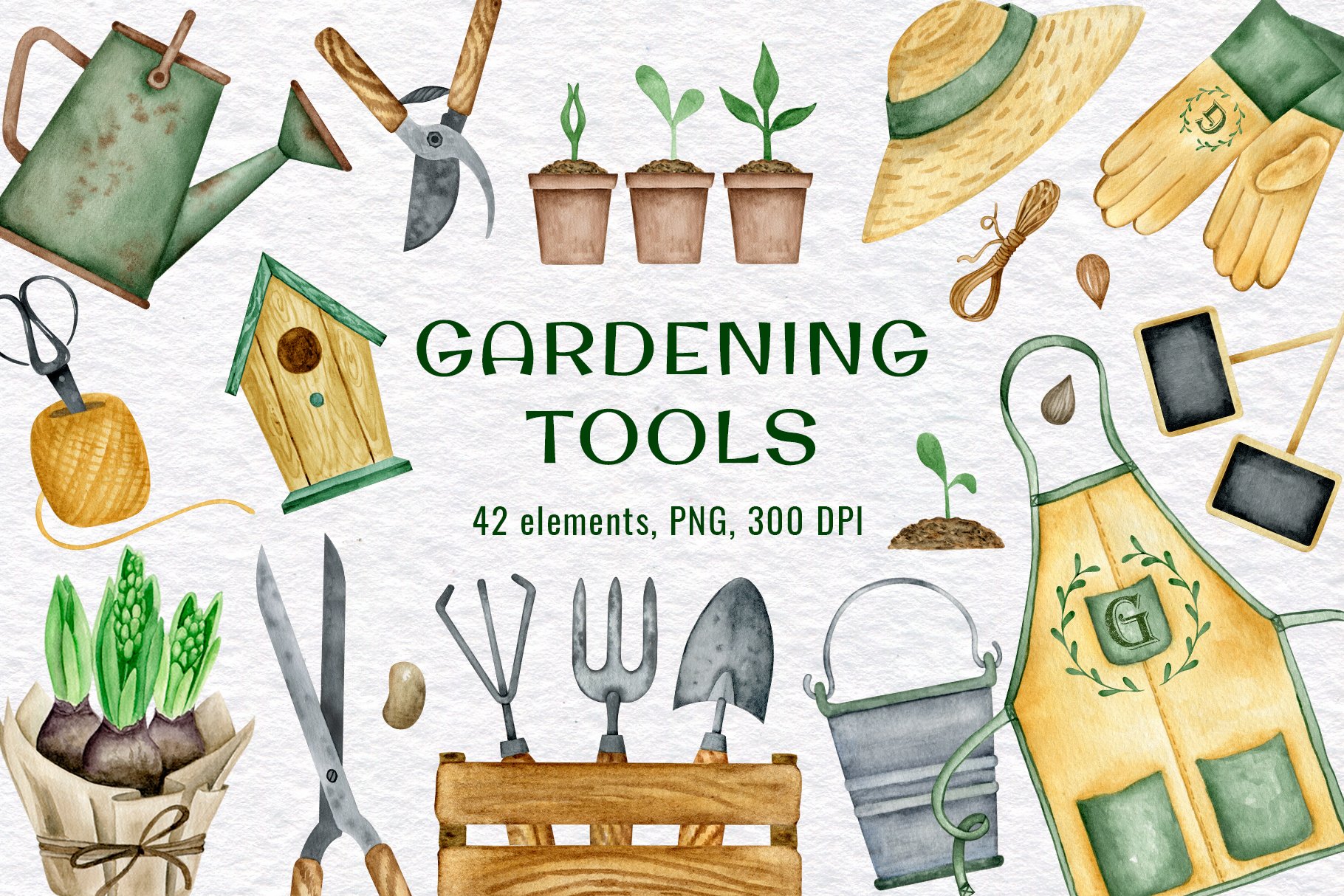 Vintage watercolor gardening tools cover image.