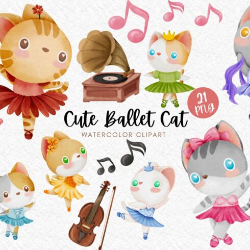 Cute Ballet Cat watercolor clipart cover image.