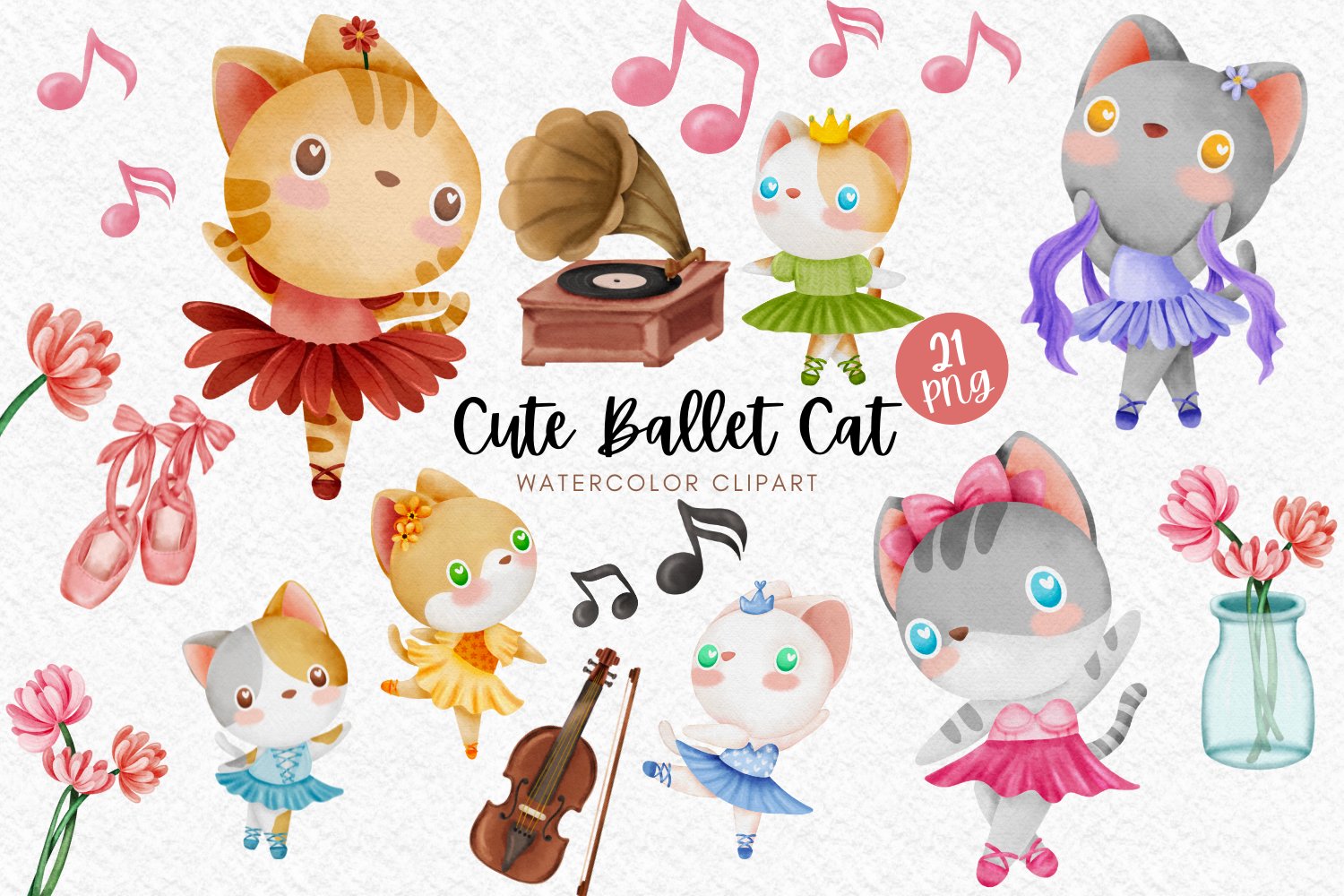 Cute Ballet Cat watercolor clipart cover image.