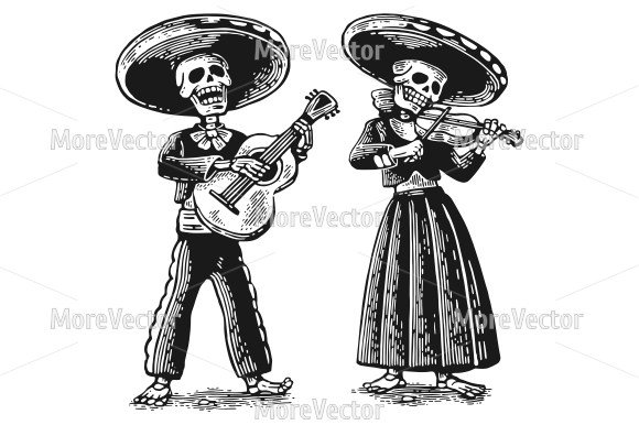 Day Dead skeleton play guitar violin preview image.