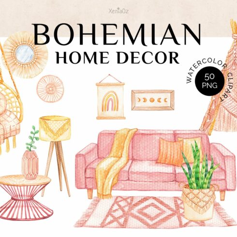 Bohemian Home Set Watercolor clipart cover image.