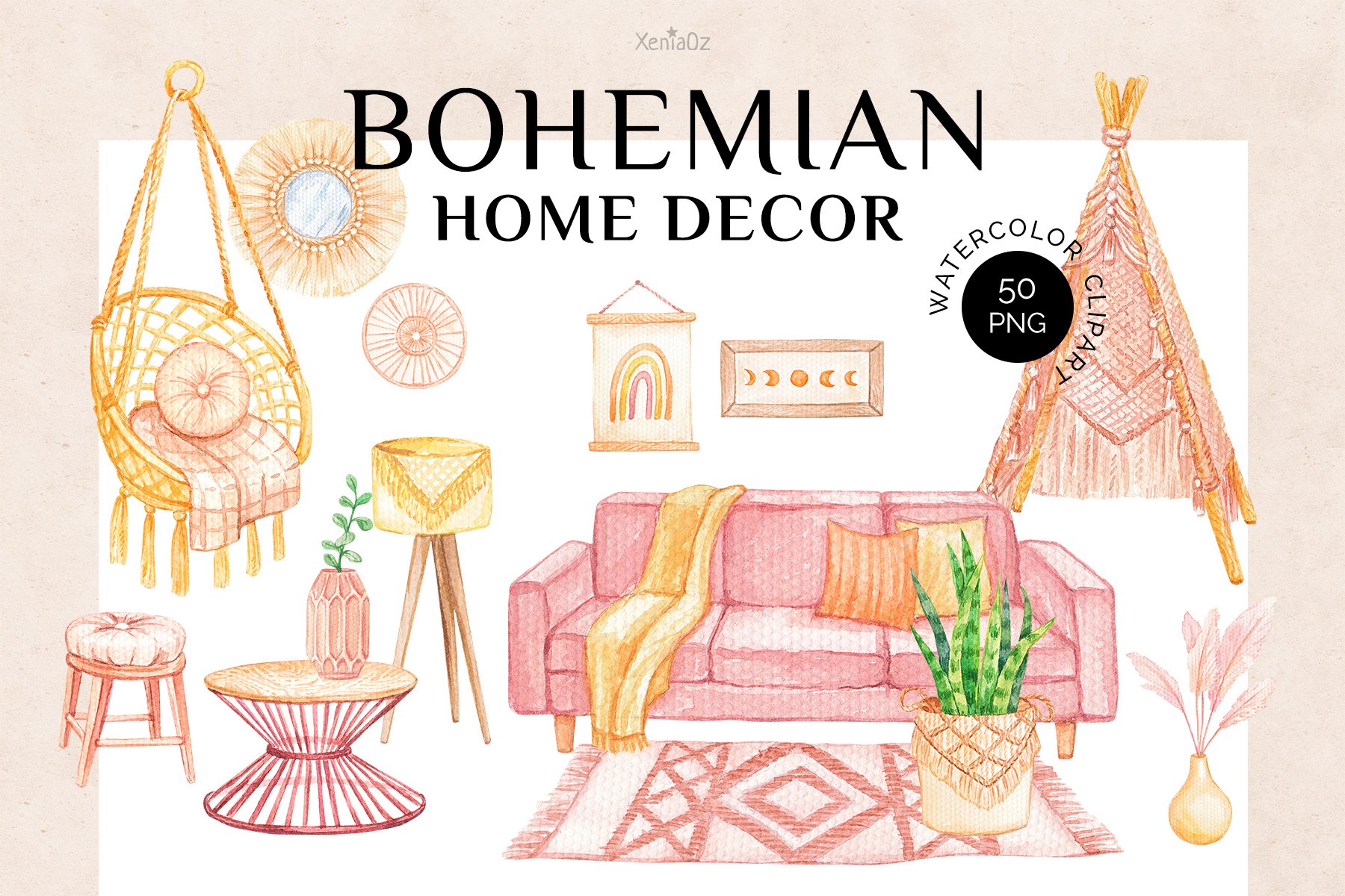 Bohemian Home Set Watercolor clipart cover image.