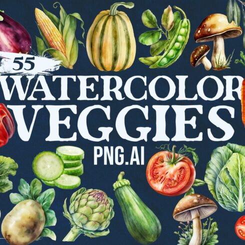 55 Vegetables Watercolor Clipart PNG cover image.