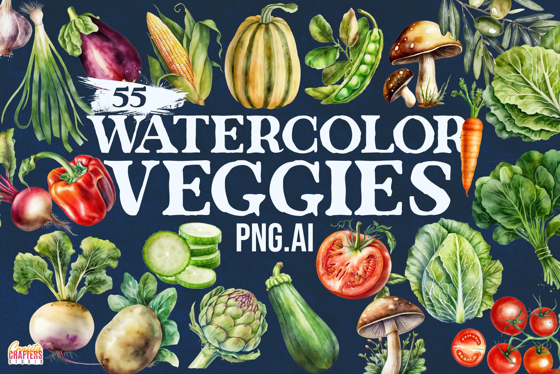 55 Vegetables Watercolor Clipart PNG cover image.