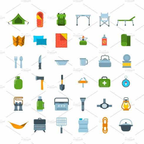 Tourist Hiking Equipment 36 Icons cover image.