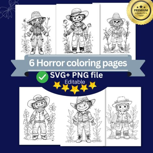 coloring pages bundle for adults,A illustration of cute scarecrow character horror and creepy cover image.