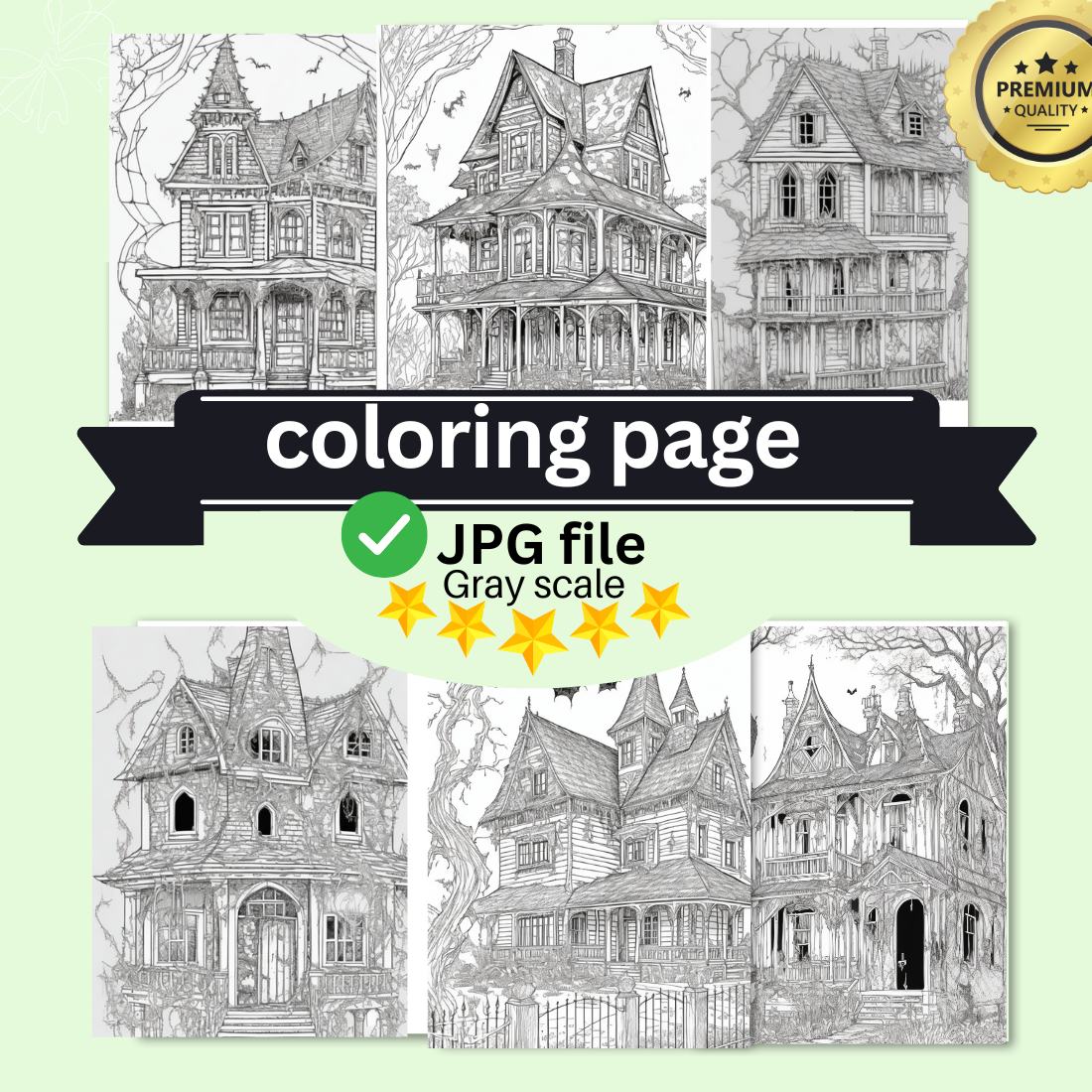 A haunted house with ghosts and cobwebs coloring page for adult cover image.