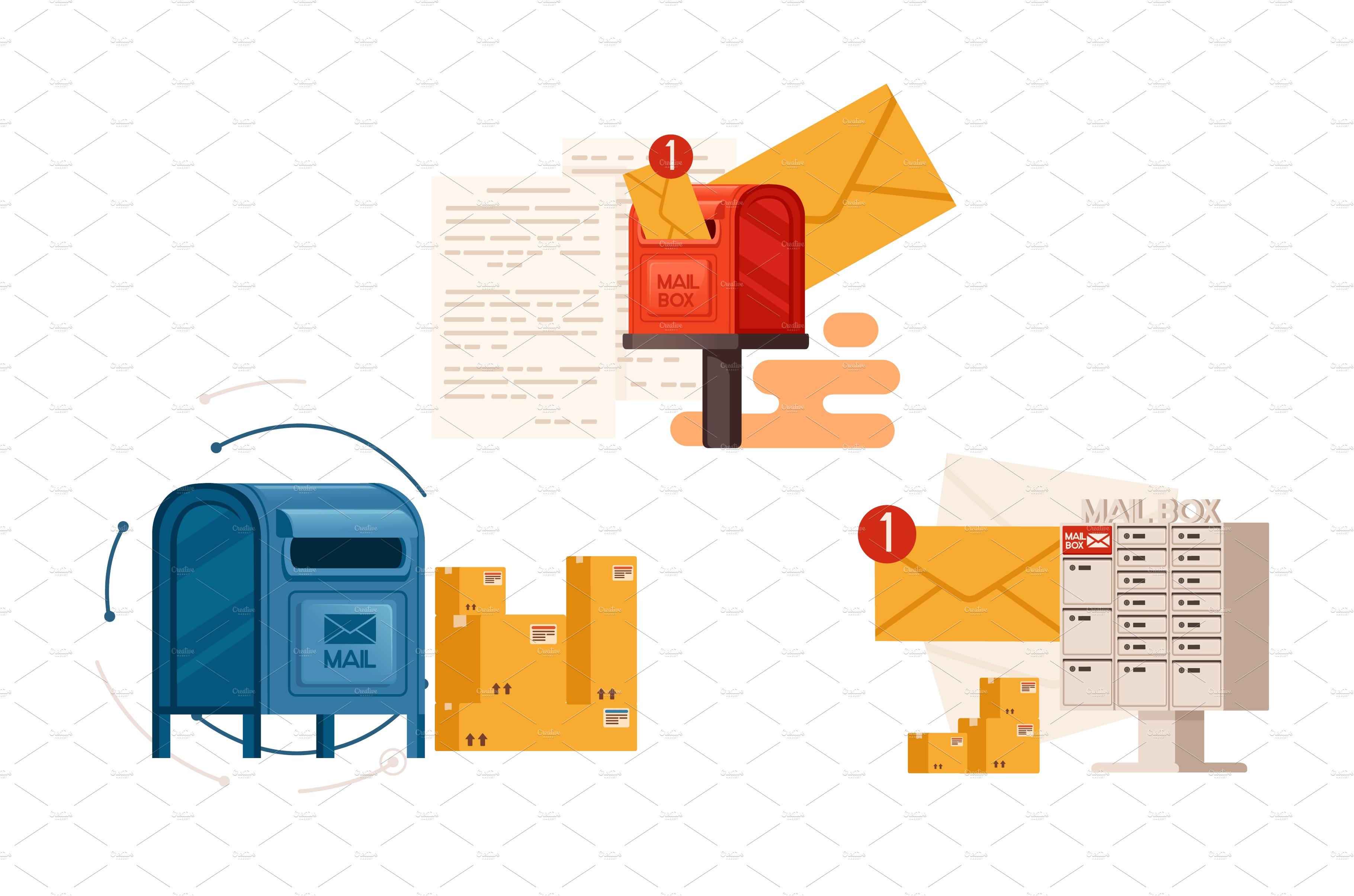 Set of mailboxes with package and cover image.