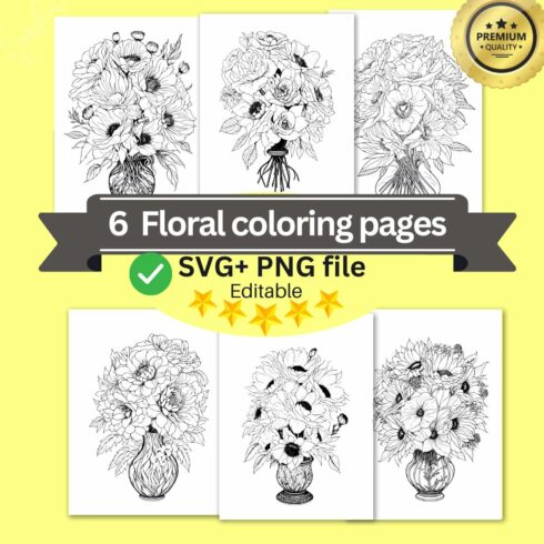 Flower Drawing Floral Coloring Pages Bundle For Adults coloring books (SVG and PNG) cover image.