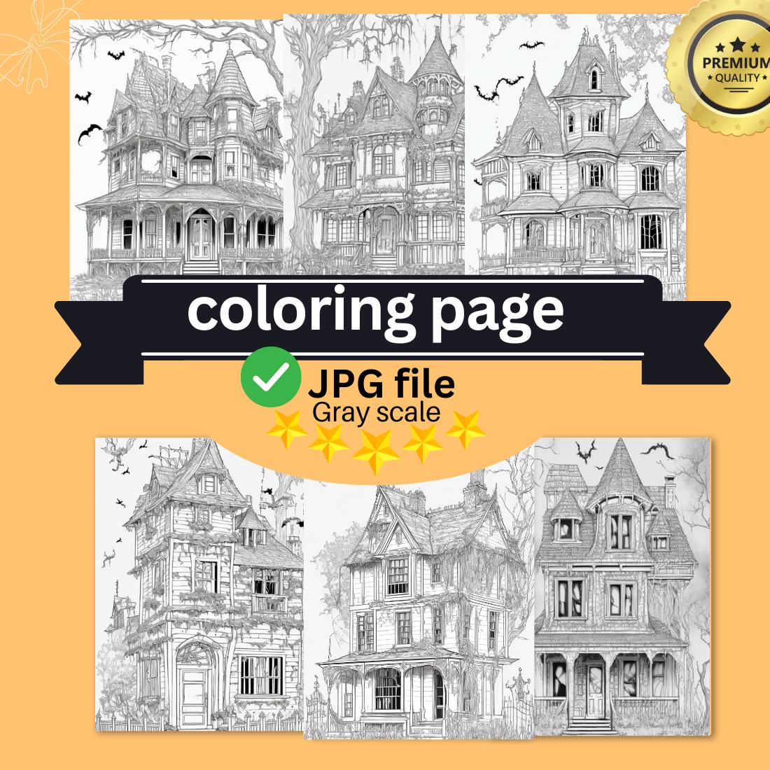 A haunted house with ghosts and cobwebs coloring page for adult 5 cover image.
