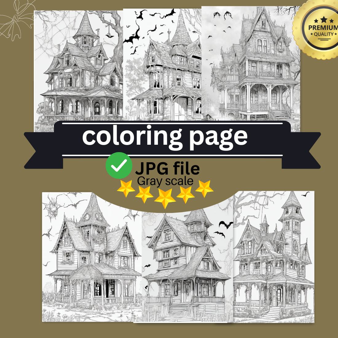 A haunted house with ghosts and cobwebs coloring page for adult 3 cover image.