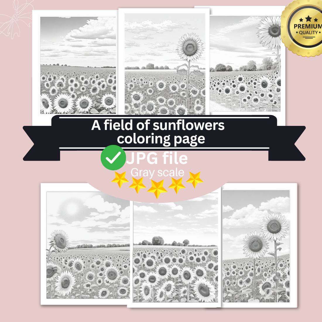 A field of sunflowers with a blue sky and white clouds coloring page cover image.