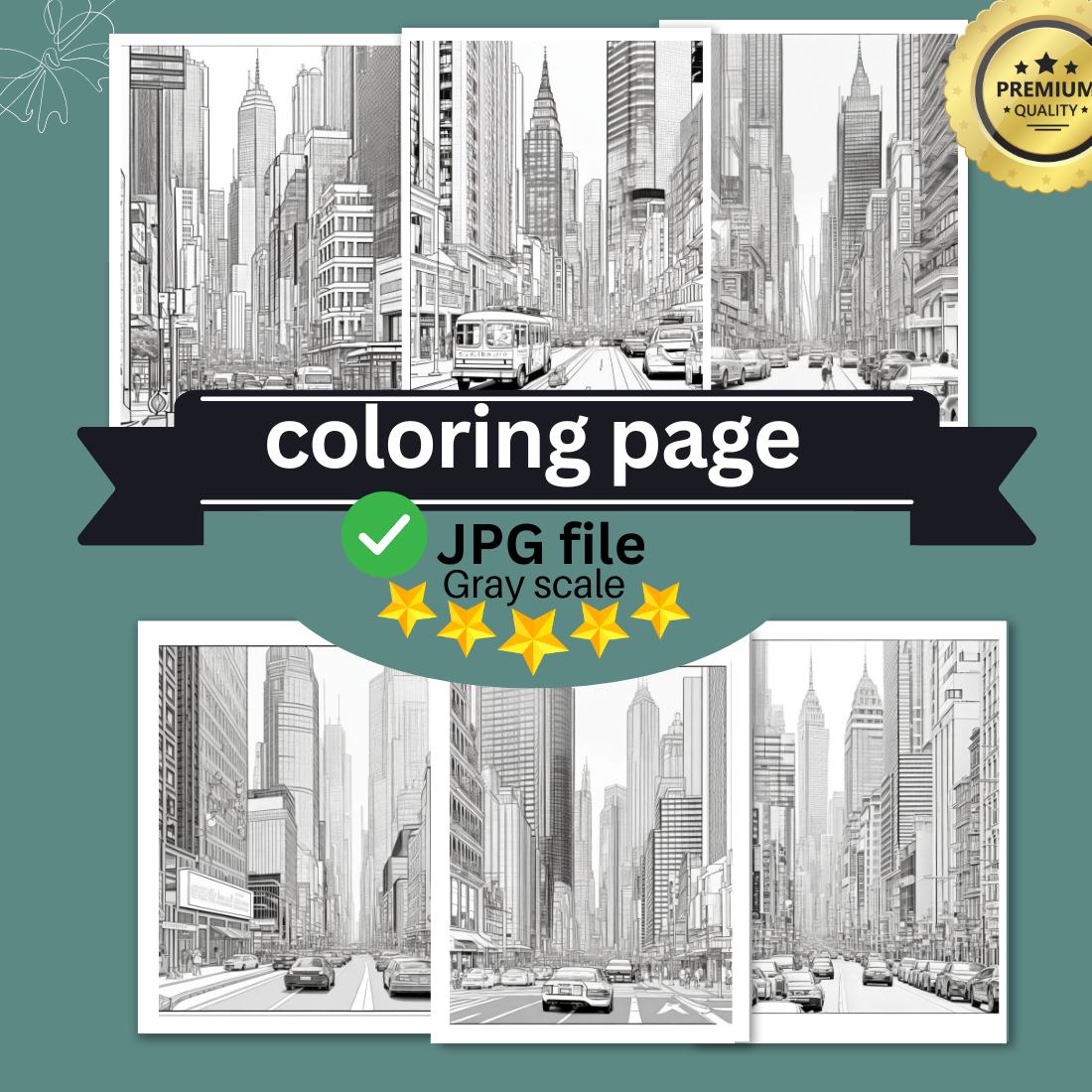 A cityscape with skyscrapers and a busy street scene coloring page 6 cover image.