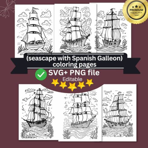 coloring pages bundle for adults drawn illustration cute doodle (seascape with Spanish Galleon) 2 cover image.