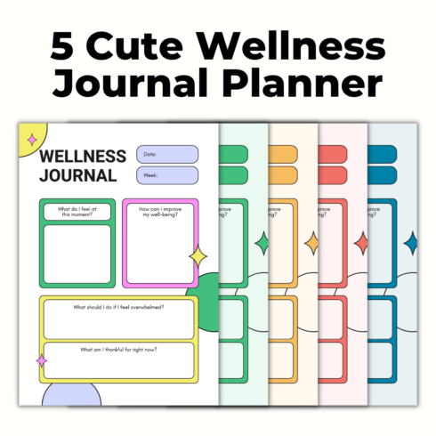 5 Cute Wellness Journal Planners Template cover image.