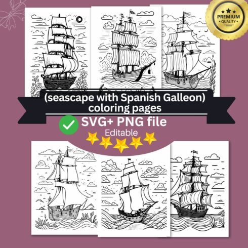 coloring pages bundle for adults drawn illustration cute doodle (seascape with Spanish Galleon)3 cover image.