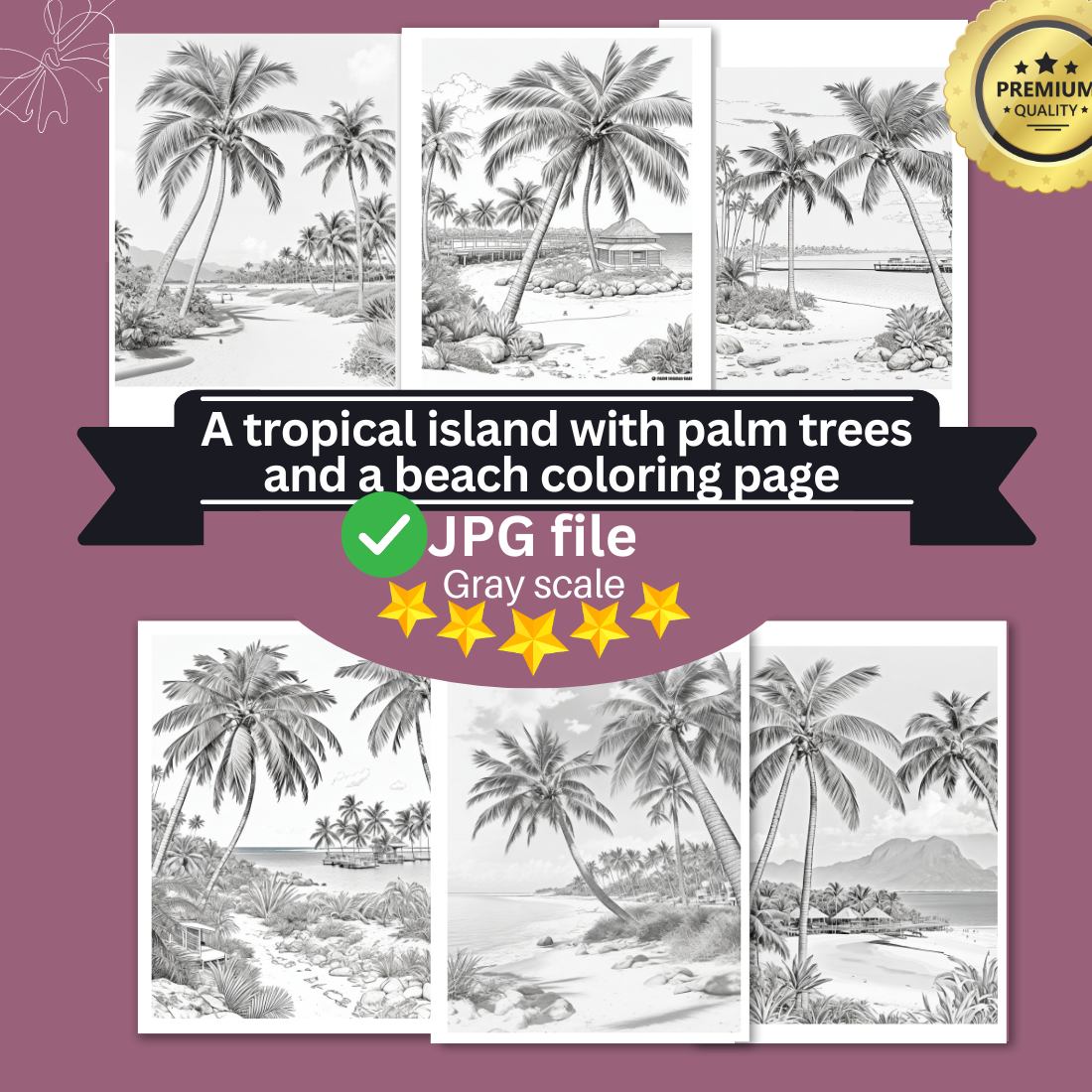A tropical island with palm trees and a beach coloring page bundle cover image.