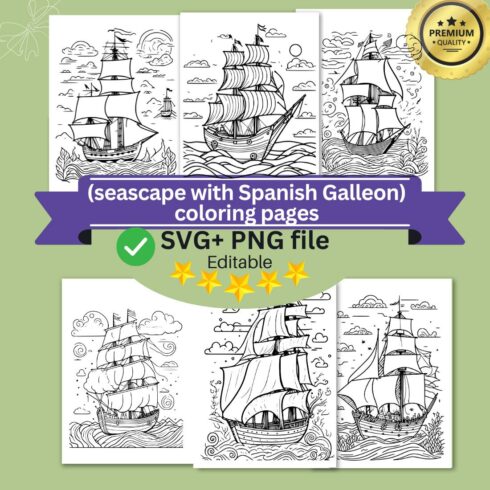 coloring pages bundle for adults drawn illustration cute doodle (seascape with Spanish Galleon) cover image.