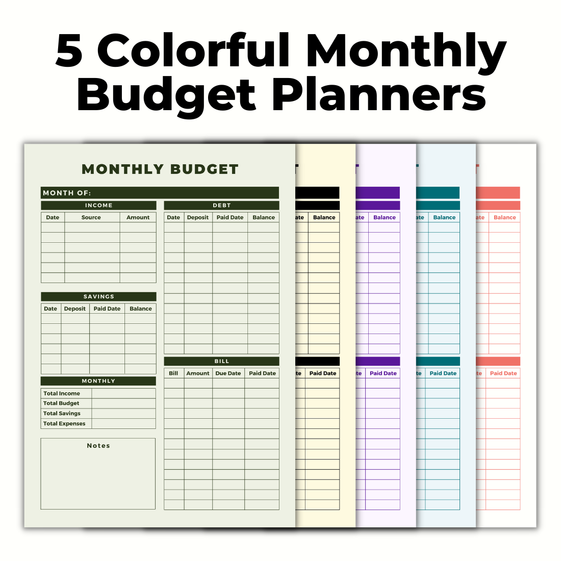 5 Colorful Monthly Budget Planners Template cover image.