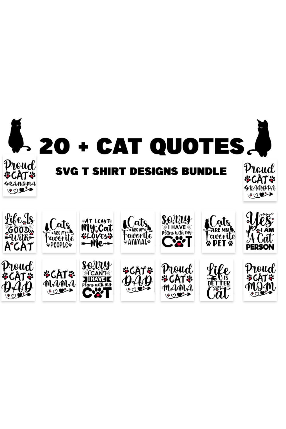 20 + cat quotes SVG t-shirt designs bundle pinterest preview image.