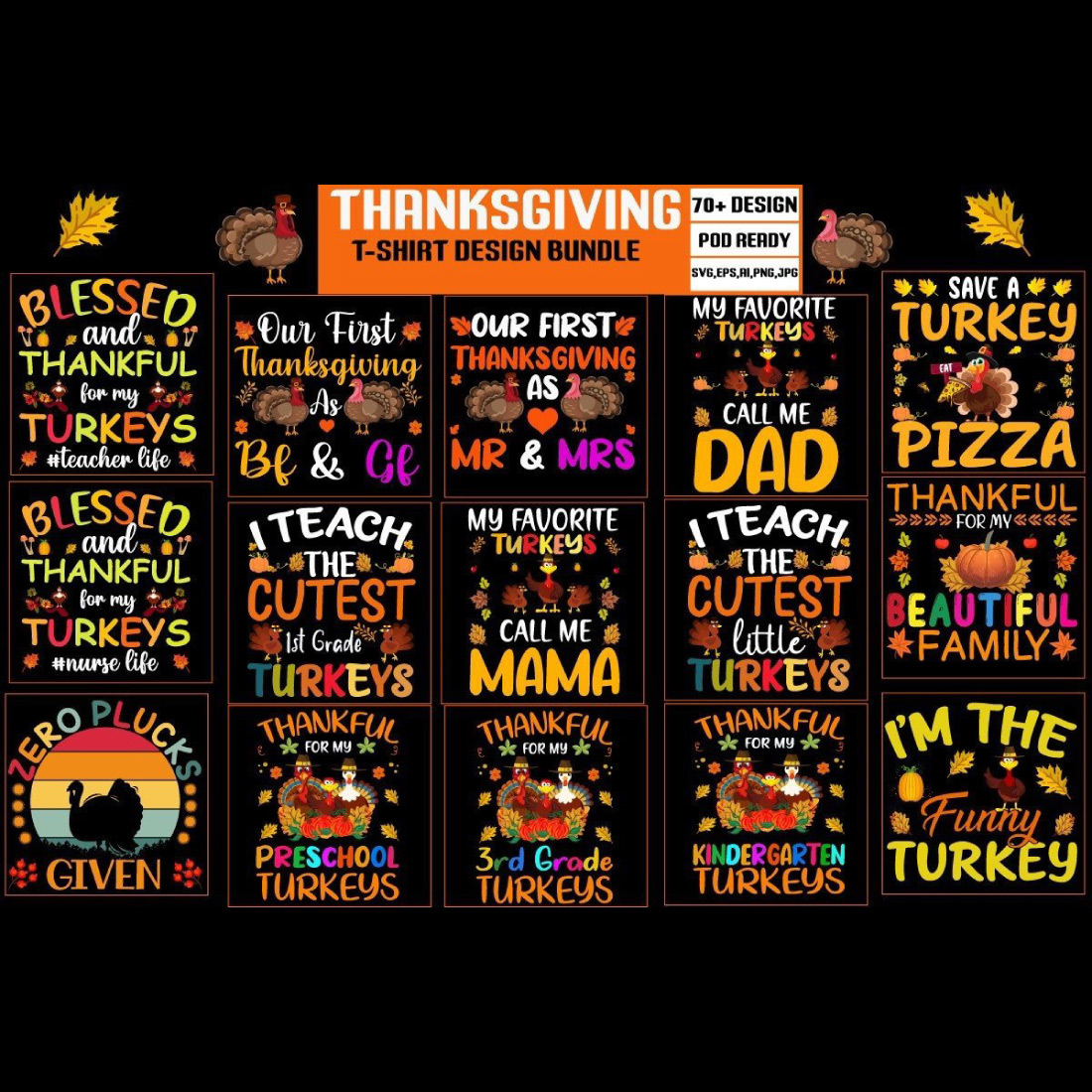 70 + Trendy thanksgiving t-shirt bundle  Thanksgiving– quotes T-shirt design preview image.