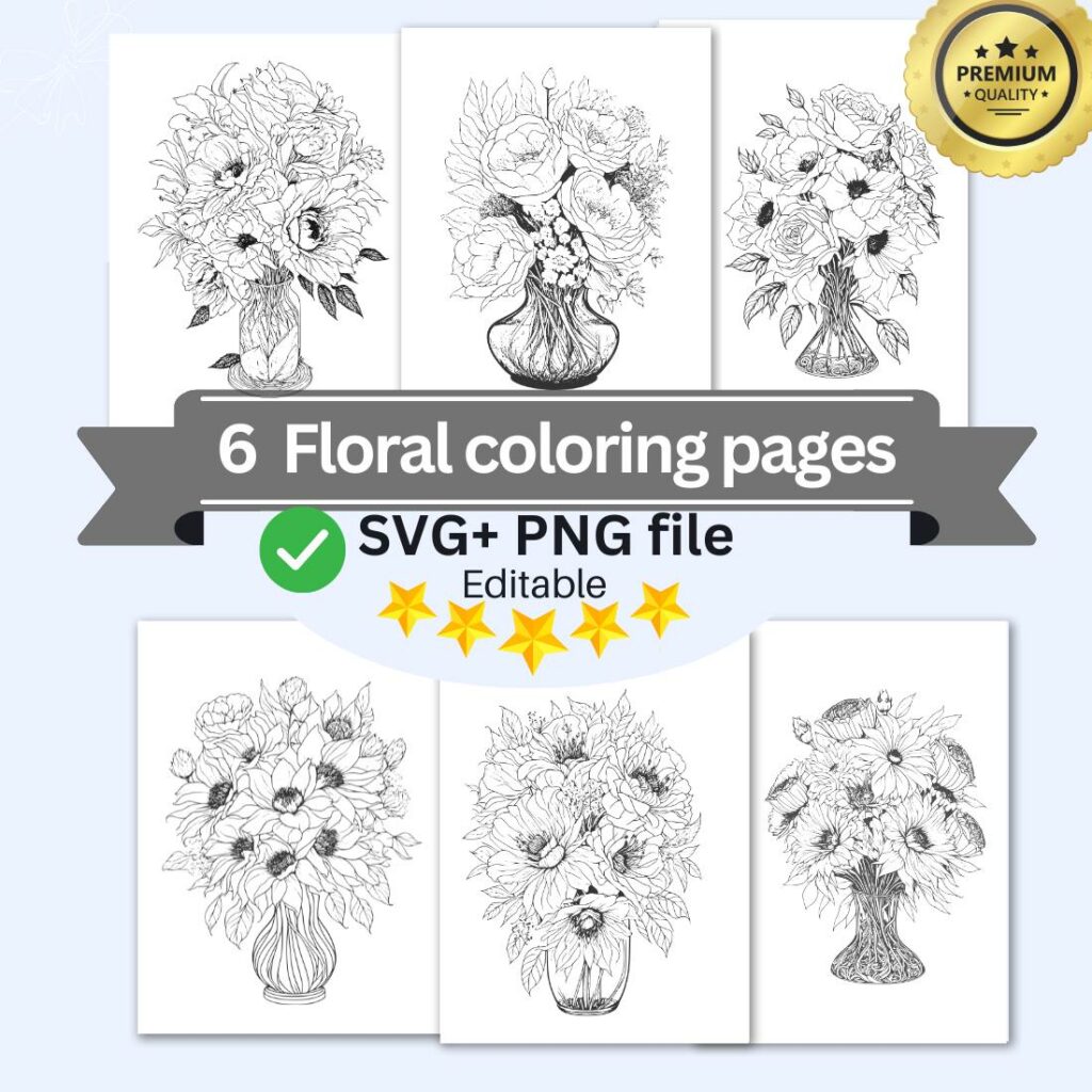 Flower Drawing Floral Coloring Pages Bundle For Adults (SVG and PNG ...