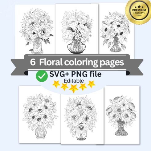 Flower Drawing Floral Coloring Pages Bundle For Adults (SVG and PNG) cover image.
