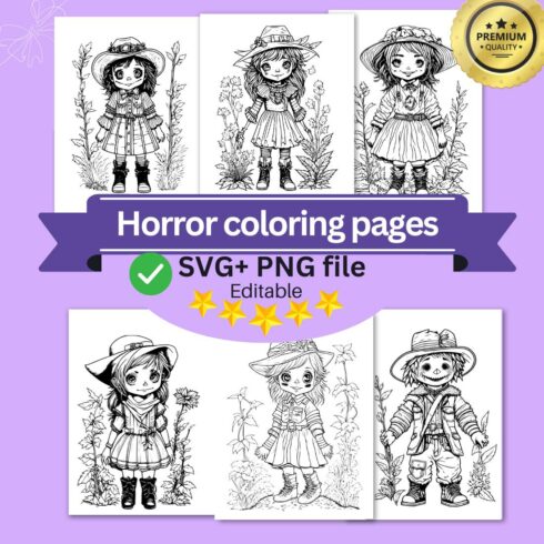 coloring pages bundle for adults,A illustration of cute scarecrow character horror and creepy cover image.