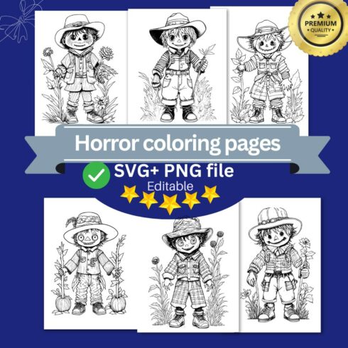 coloring pages bundle for adults,A illustration of cute scarecrow character horror and creepy cover image.