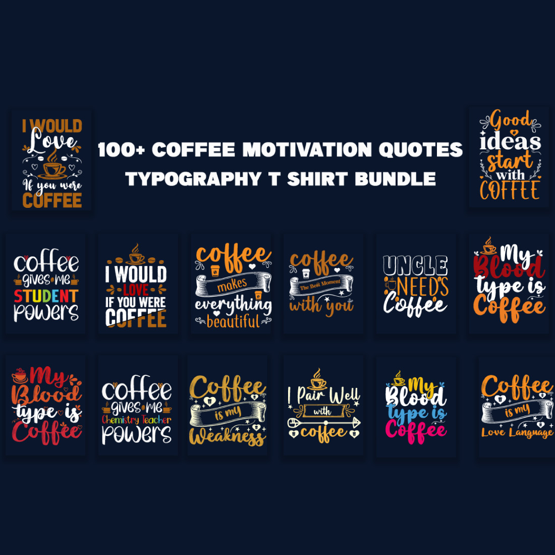 Coffee Quotes Typography T-Shirt Bundle preview image.