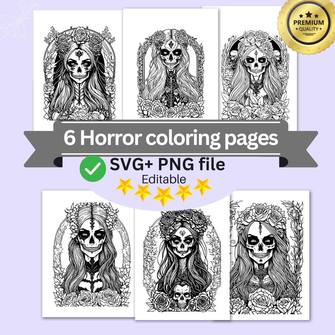 A Gothic girl with a skull and roses headdress horror and creepy, coloring pages bundle for adults cover image.