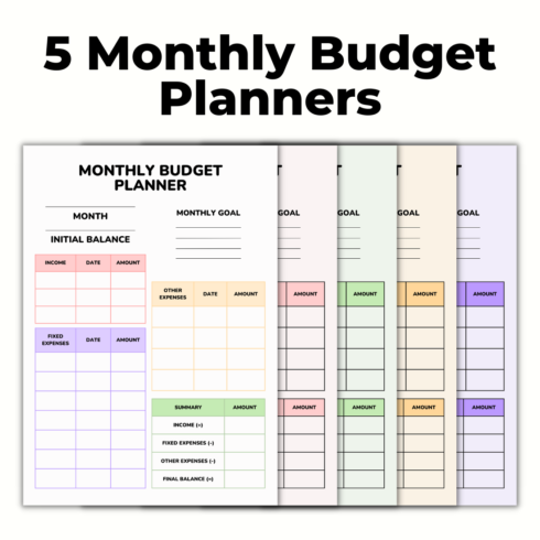 5 Monthly Budget Planners Template cover image.