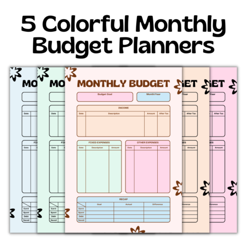 5 Colorful Monthly Budget Planners Template cover image.