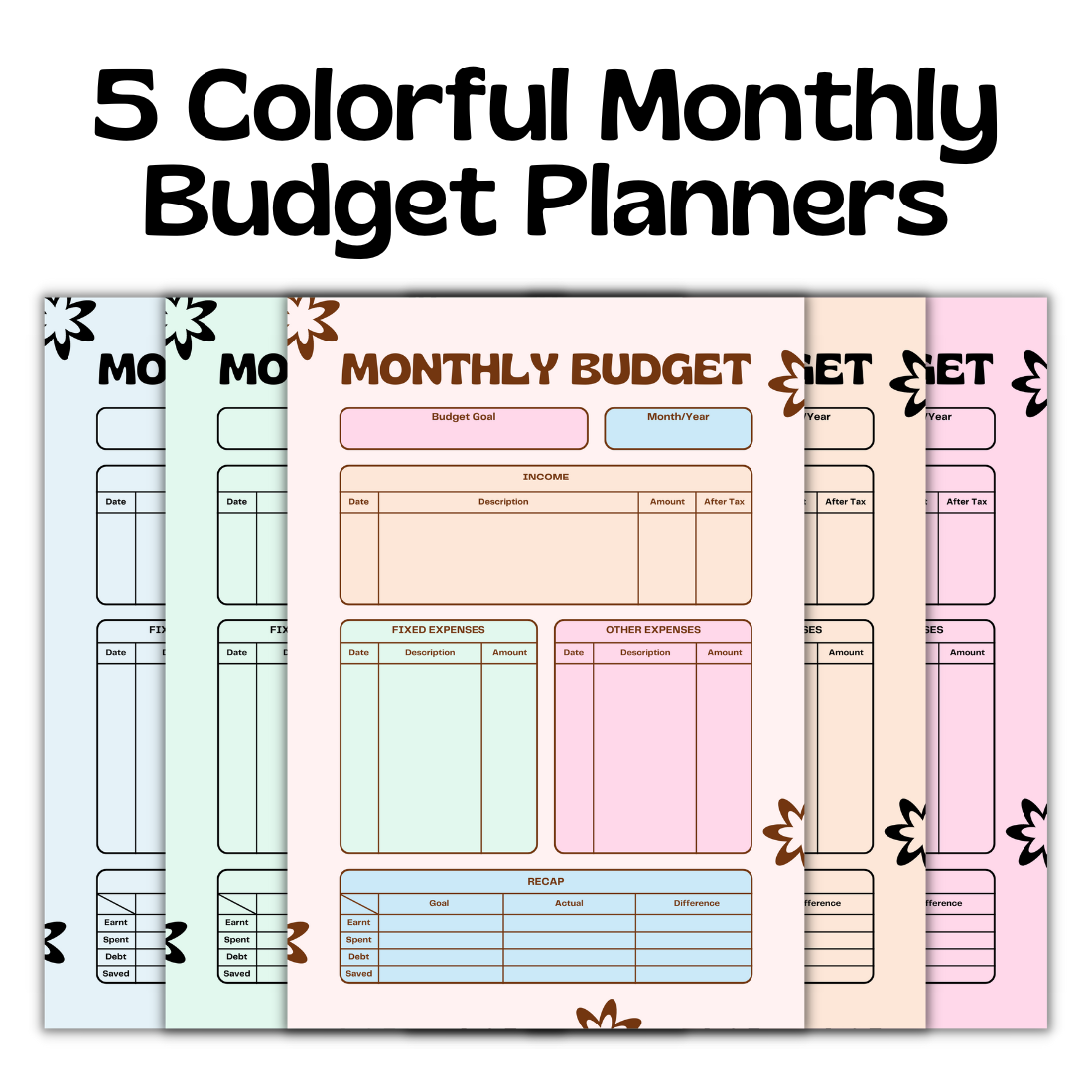 5 Colorful Monthly Budget Planners Template cover image.