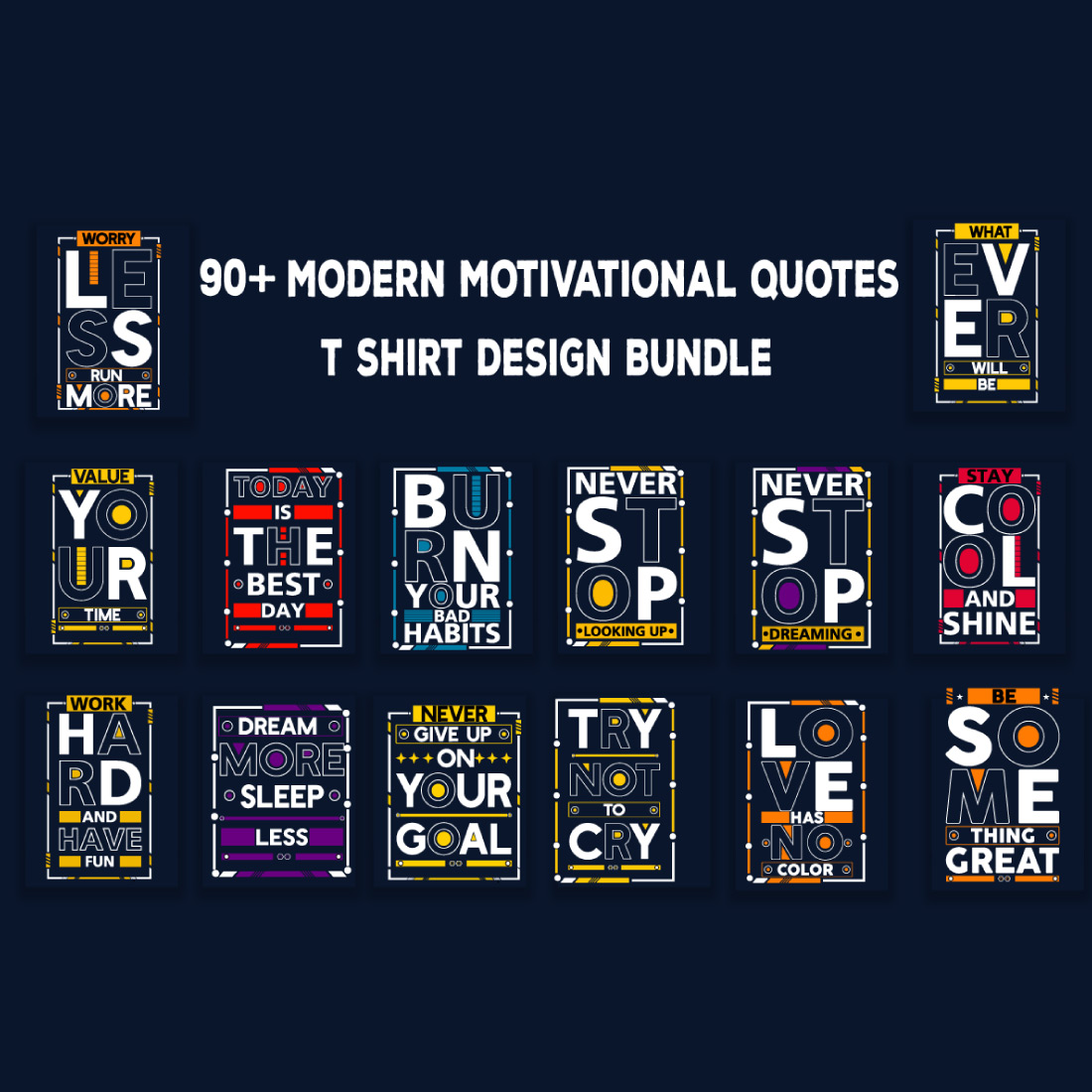 90 + motivational quotes typography t shirt design bundle preview image.
