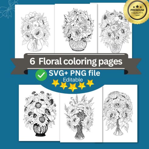 Flower Drawing Floral Coloring Pages Bundle For Adults (SVG and PNG) cover image.