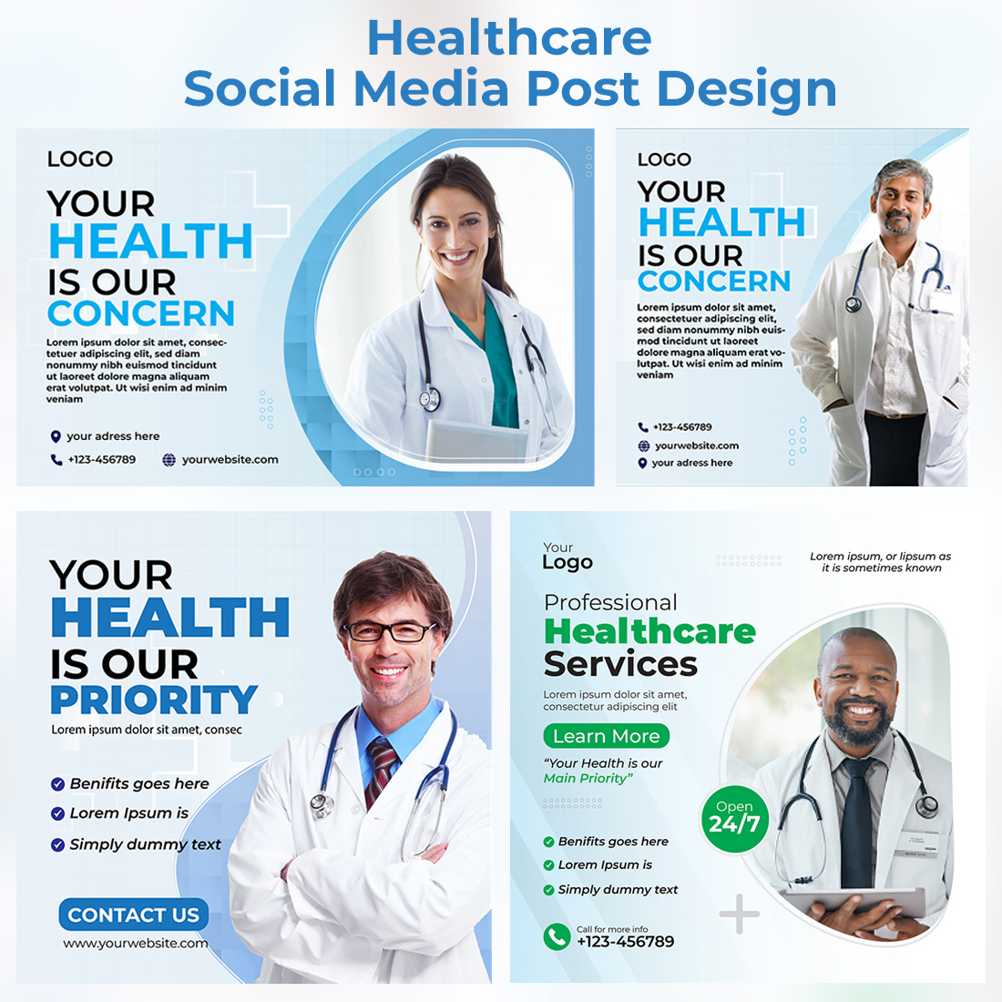 Healthcare social media post design template cover image.