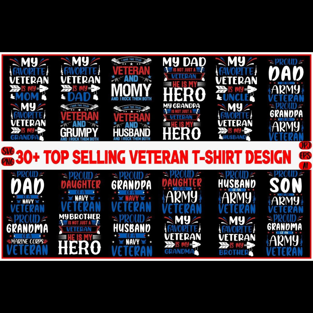 Trendy veteran t-shirt design bundle preview image.