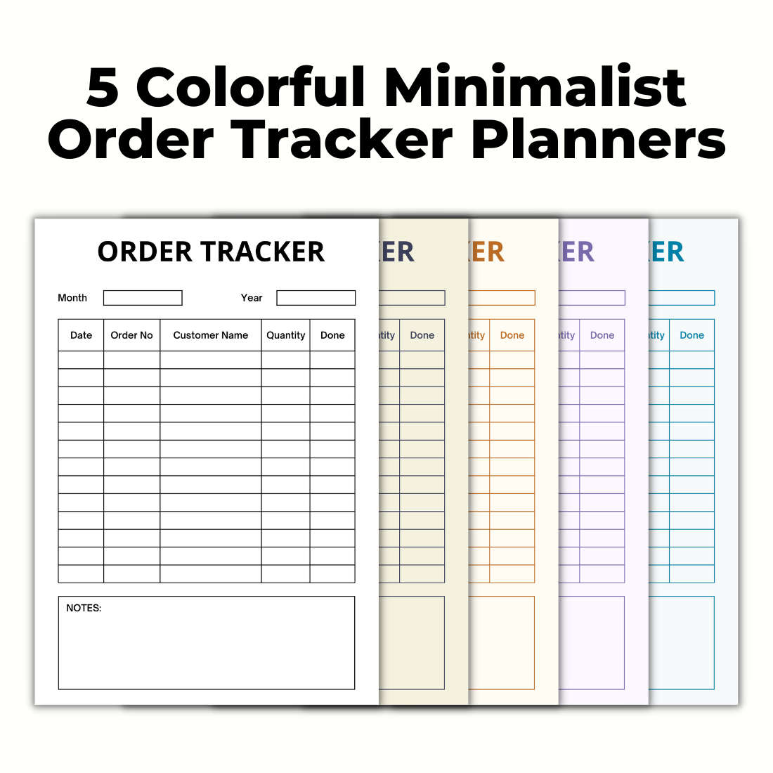 5 Colorful Minimalist Order Tracker Planners cover image.