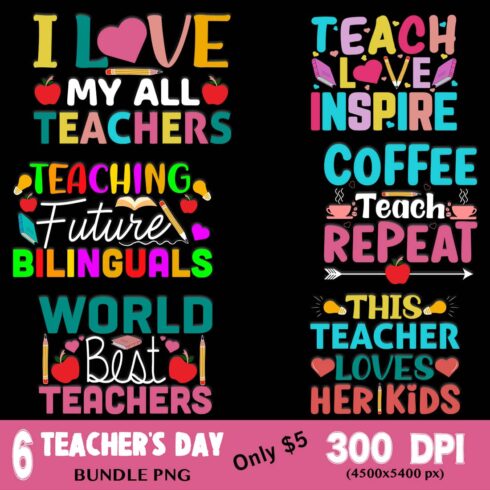 6 Teachers Day T-Shirt Design Bundle cover image.